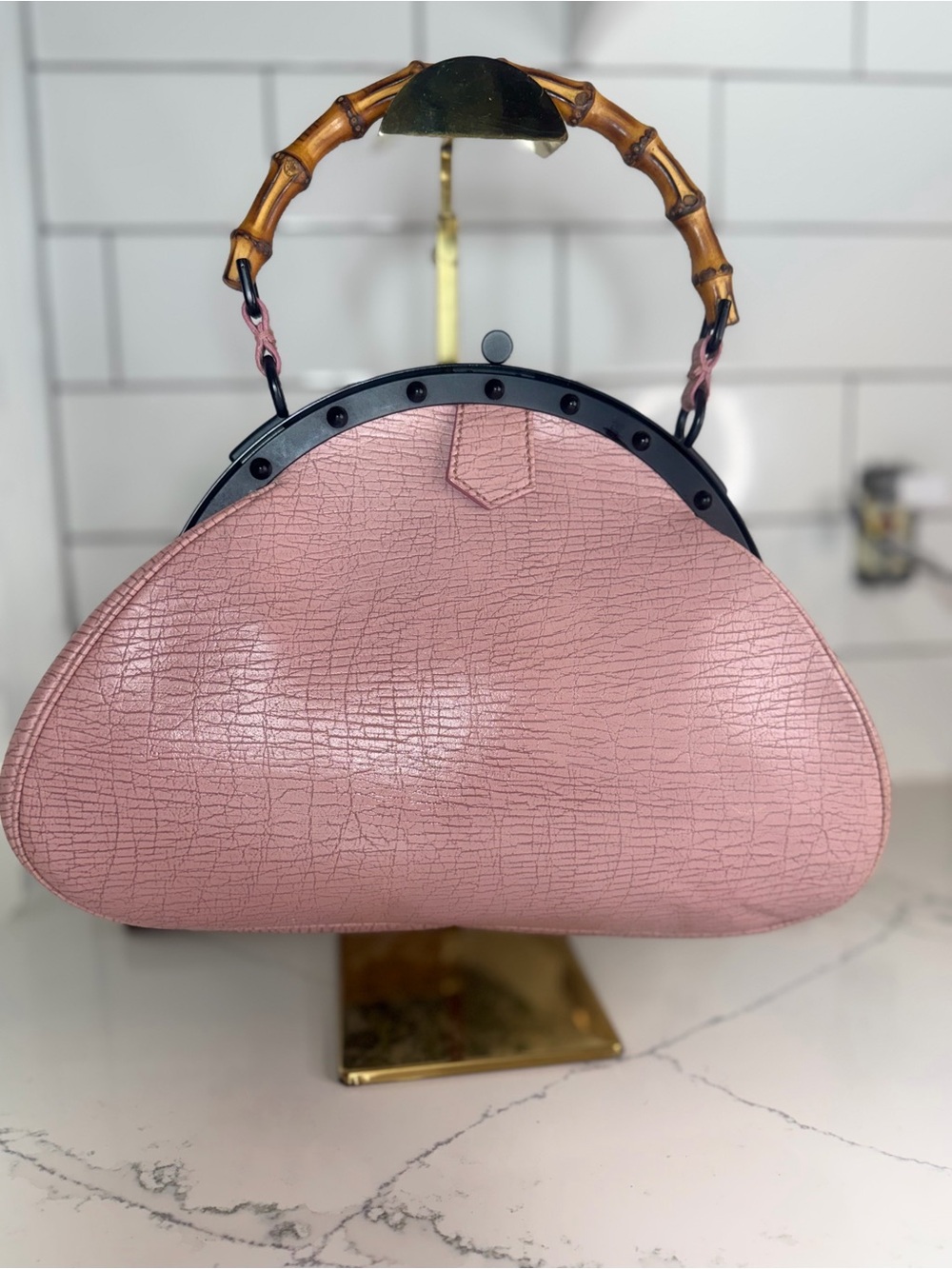 Vintage Gucci Bamboo Pagoda Frame Bag - Textured Mauve Pink Leather -authentic